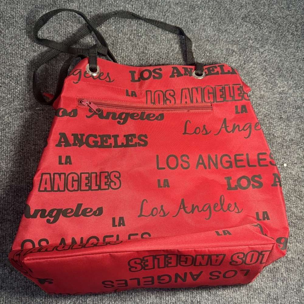 Vintage Los Angeles Red Black Nylon Tote Shoulder Bag Travel Zip Pocket Large